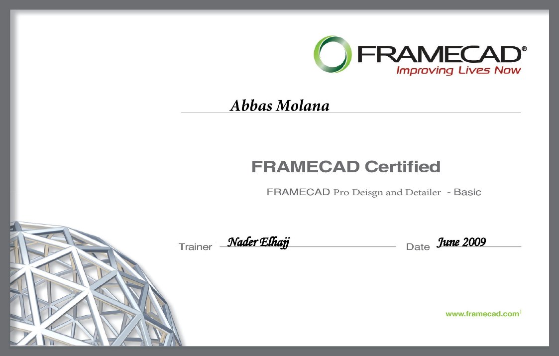 گواهی پایان دوره آموزش نرم افزار طراحی سازه سبک FrameCad  سال 2009 دبی